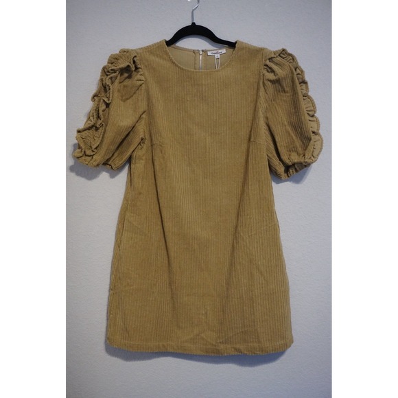 GeeGee Dresses & Skirts - GeeGee Corduroy Ruffle Puff Sleeve Mini Dress Mustard Tan Small MD50773